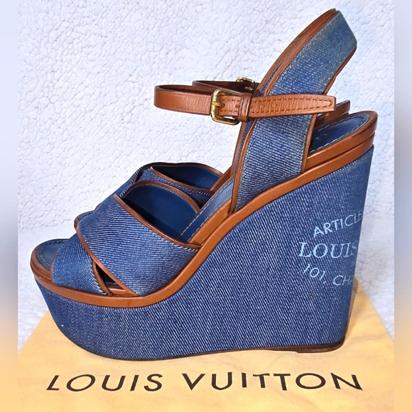 Louis Vuitton Blue Denim Wedge Platform Sandals size 37.5 - Picture 2 of 16
